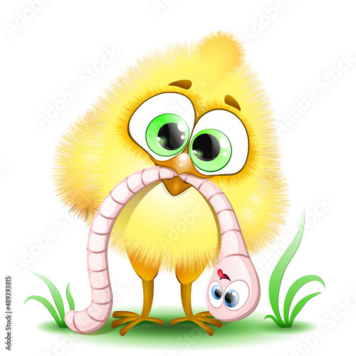Chick with worm