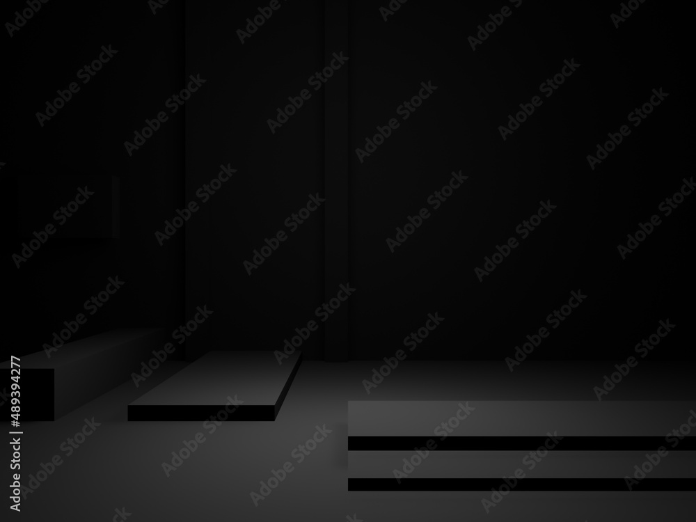 3D black geometric product podium. Dark room background.