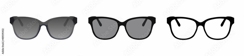 Fototapeta premium Sunglasses icon set. Sun lens ocular with plastic rims. Vector illustration.