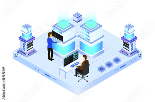 data center or server room processing data operation with security protection and maintenance with isometric design style - vector	
