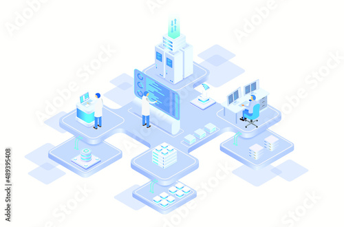 data center or server room processing data operation with security protection and maintenance with isometric design style - vector	
