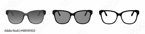 Sunglasses icon set. Sun lens ocular with plastic rims. Vector illustration.