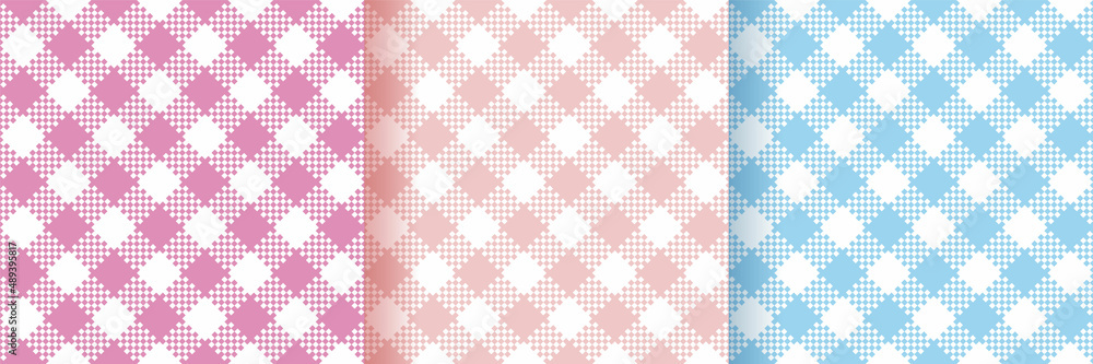 Plaid gingham seamless patterns. Check textures. Set of vichy backgrounds with stars. Retro flannel wallpaper. Cloth textile grid. Tablecloth backdrops. Pink, blue prints. Vector illustration.