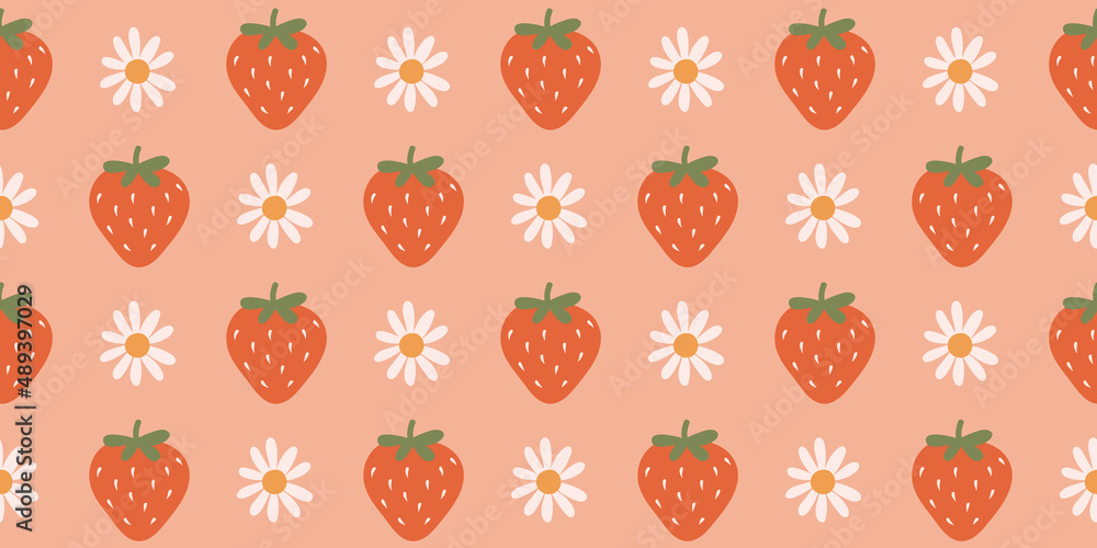 Cute girly strawberry and daisy floral pattern. Spring summer strawberries and daisies illustration repeat wallpaper. Pink background. Seamless pattern vector. Stock Vector | Adobe Stock Cute girly strawberry and daisy floral pattern. Spring summer strawberries and daisies illustration repeat wallpaper. Pink background. Seamless pattern vector. Stock Vector | Adobe Stock