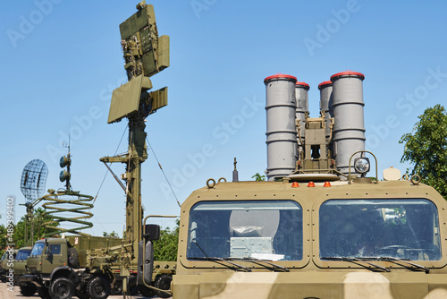 cockpit of a military vehicle with a combat-ready anti-aircraft missile system with communication and radar systems