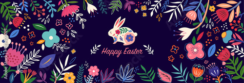 Colorful floral illustration with rabbit. Happy easter greeting card with decorative easter bunny 
