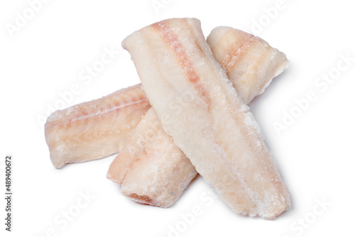 Pieces of frozen pollock fish isolatewd on white background