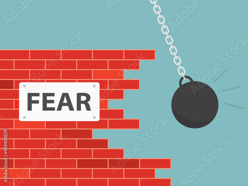 concept of fear, destructive impact of worrying, overcoming anxiety, brick wall wrecking- vector illustration