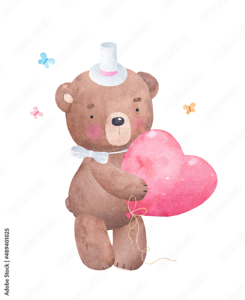 Naklejka premium Cute teddy bear with big pink inflatable heart. Watercolor illustration. Isolated on white background.