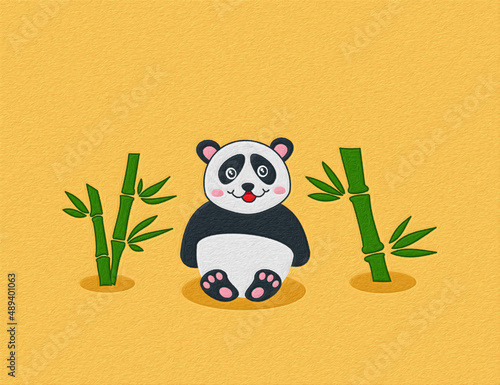 Illustration of a panda with yellow background and green bamboo with textured - illustration