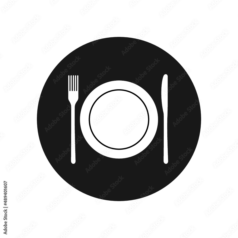 Fork, knife and plate icon. Simple round cutlery icons for web and print isolated on white background. Fork, knife and plate icon. Simple round cutlery icons for web and print isolated on white background.