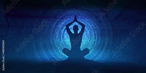Yoga studio, sun mandala with wavy rays, human silhouette in meditating or yoga pose with lights of Chakras, shiny mystic galaxy background with glowing stars, the deep cosmic night space