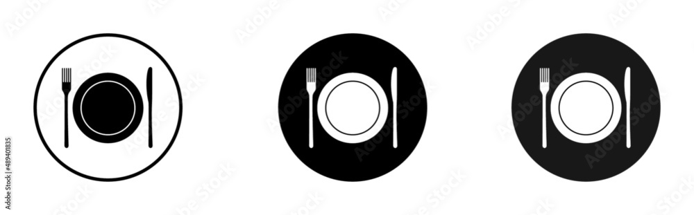 Set of fork, knife and plate icons. Simple round cutlery icons for web and print isolated on white background. Set of fork, knife and plate icons. Simple round cutlery icons for web and print isolated on white background.