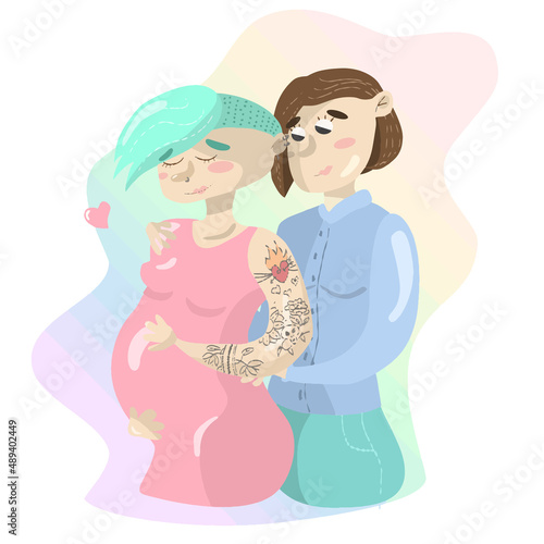 Cartoon gay lesbian nonconformist couple pregnant isolated on colorful background