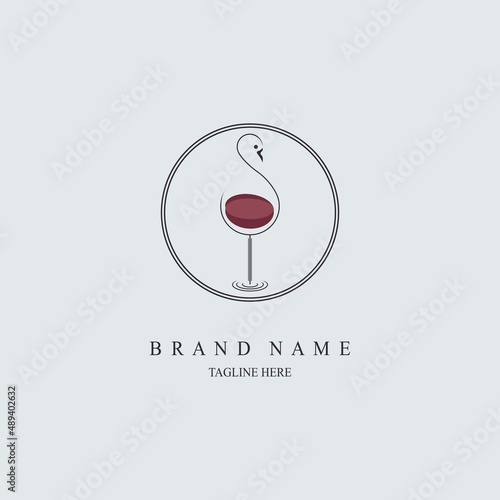 Flamingo wine glass bar logo line style template design for brand or company and other