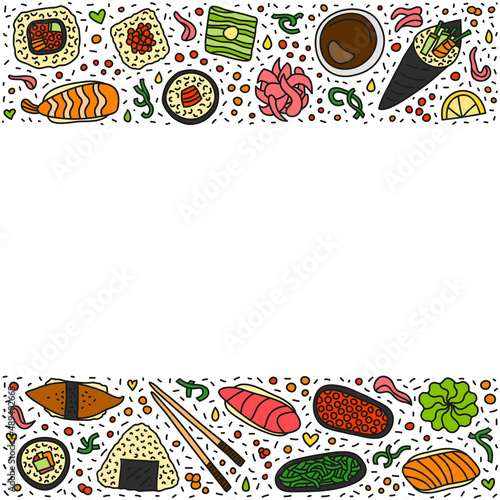 Poster with doodle sushi and rolls.
