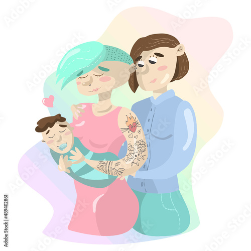 Cartoon gay lesbian nonconformist couple with baby isolated on colorful background.
