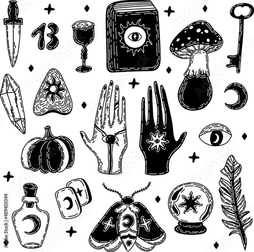vector set of magical occult elements in graphics. Magical icons: feather, crystal, tarot cards, fly agaric mushrooms, uiji boards, sun, moon, divination, full moon. Sacred mysterious art