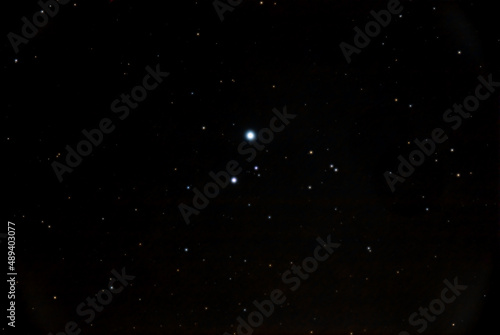 Mizar and Alcor star asterism in Ursa Major constellation, Milky way stars photographed with star-tracker and long exposure.