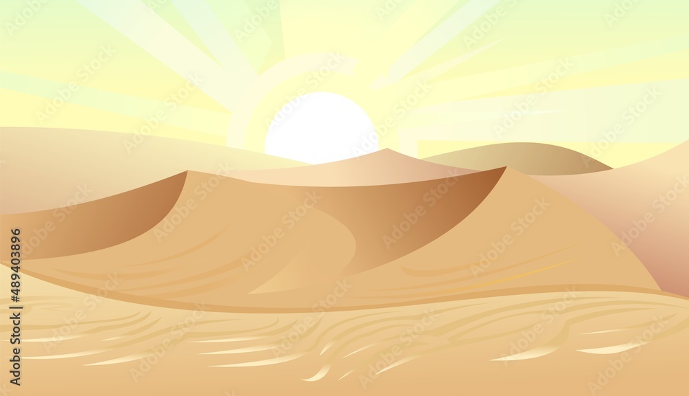 Sunrise on desert horizon. Wind turbines generate electricity. Landscape of southern countryside. Dunes in desert. Cool cartoon style. Vector