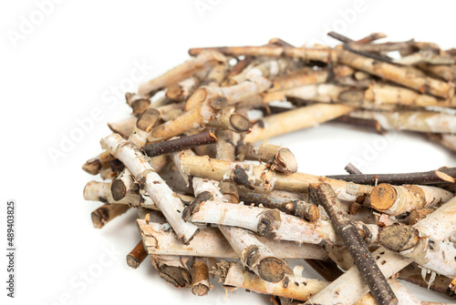 Wallpaper Mural Real birch twig wreath. Birch tree branches arranged in a large circular nest shape. Natural wood decoration used for table center pieces or seasonal door hanger. Selective focus. Isolated on white. Torontodigital.ca