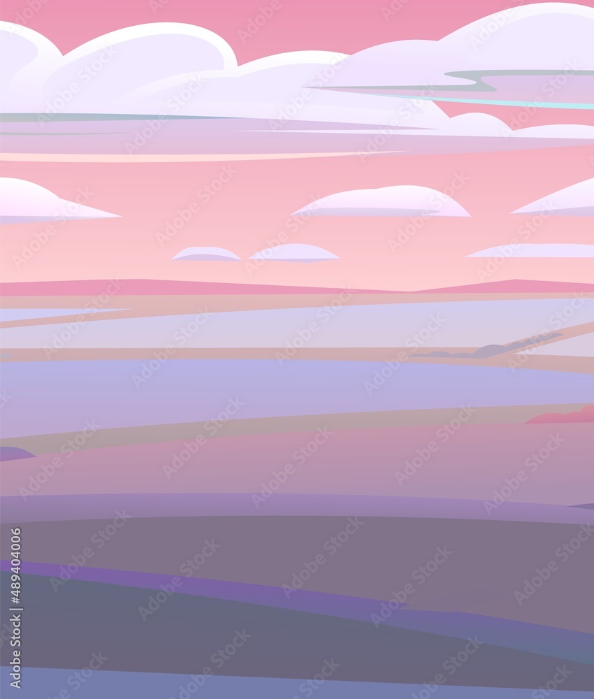 Evening landscape. Rural countryside beautiful view. Twilight after sunset. In pink and lilac colors. Early in the morning before dawn. Fields and meadows. Flat style. Vector