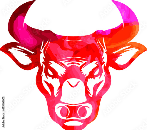 bull horns power fear fight red fire force watercolor paint head face anger