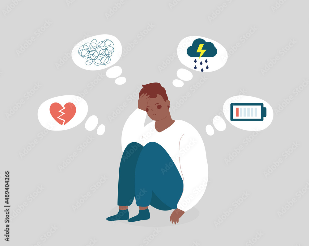 Sad black man sitting on the floor. Adolescent male with mental illness symptoms. Young boy having anxiety, broken heart, stress and depression. Concept of negative emotions and feelings. Vector stock Sad black man sitting on the floor. Adolescent male with mental illness symptoms. Young boy having anxiety, broken heart, stress and depression. Concept of negative emotions and feelings. Vector stock