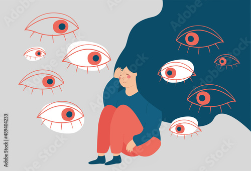 Young woman surrounded by big evil eyes feels helpless. Depressed girl suffers from psychological problems looks overwhelmed. Concept of mental health disorder, phobia paranoia. Vector illustration.
