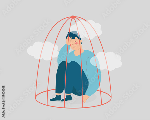 Sad man sitting inside a small bird cage. Prisoner adolescent male influenced in his mental health by lockdown. Bullying, addiction, psychological issues, restrictions on human rights concept. Vector
