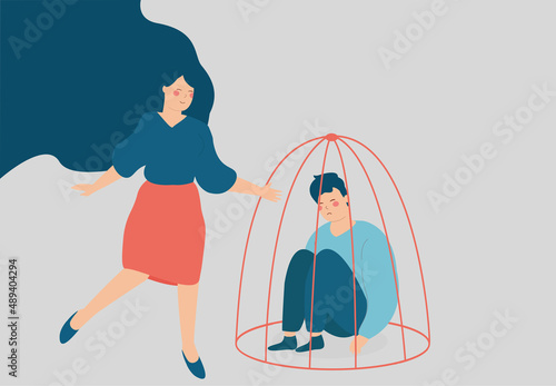 Young woman helps her friend to get rid of depression. Counselor supports a person with psychological problems. Mentor female cares about man. Concept of rehabilitation, drug addiction, mental health.