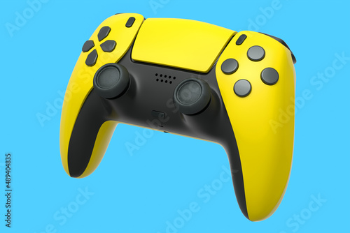 Realistic yellow joystick for video game controller on blue background photo