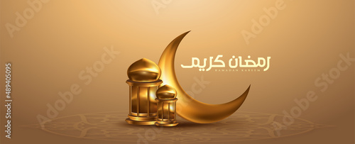 Luxury ramadan kareem islamic greeting background with crescent moon and lantern
