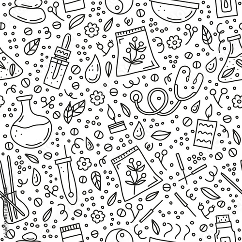 Seamless pattern with alternative medicine and ayurveda icons.