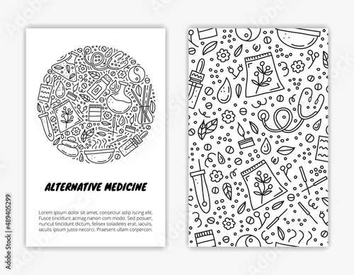 Card templates with alternative medicine and ayurveda icons.