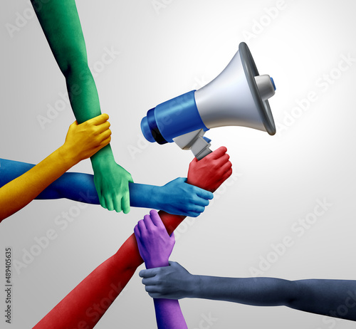 Photography Group voice and social diversity message or diverse society speaking with one me