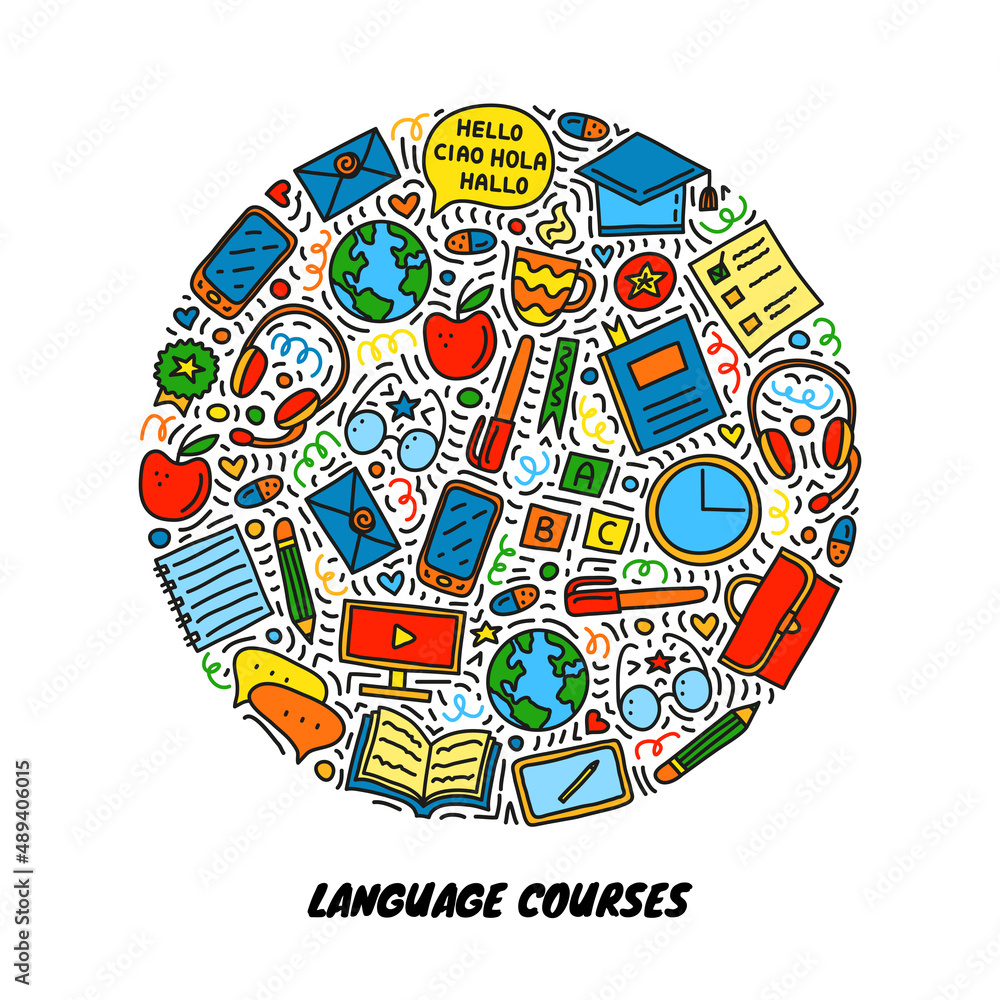 Obraz premium Doodle language courses icons in circle.
