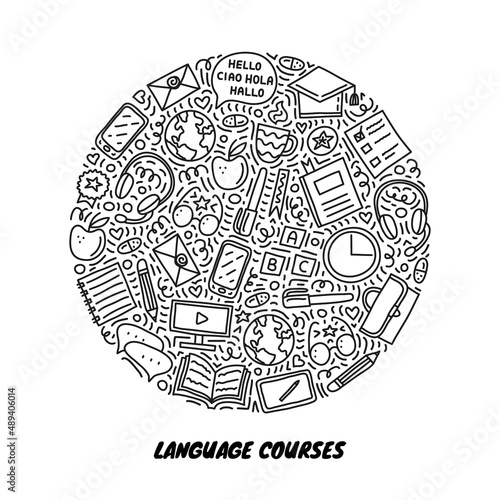 Doodle language courses icons in circle.