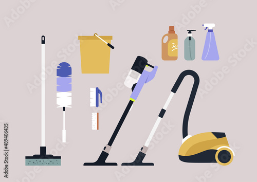 Home appliances, tidy up set, a broom, vacuum cleaners, brushes, sponges, liquid detergents and a bucket