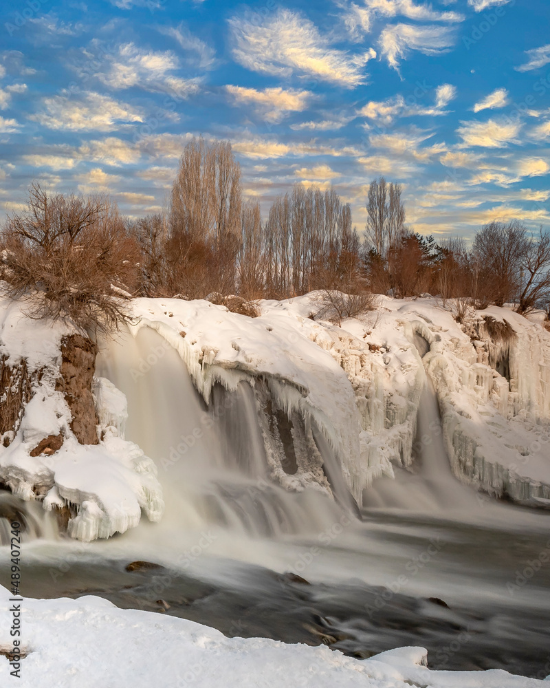 Muradiye Waterfall winter view in Van Province of Turkey