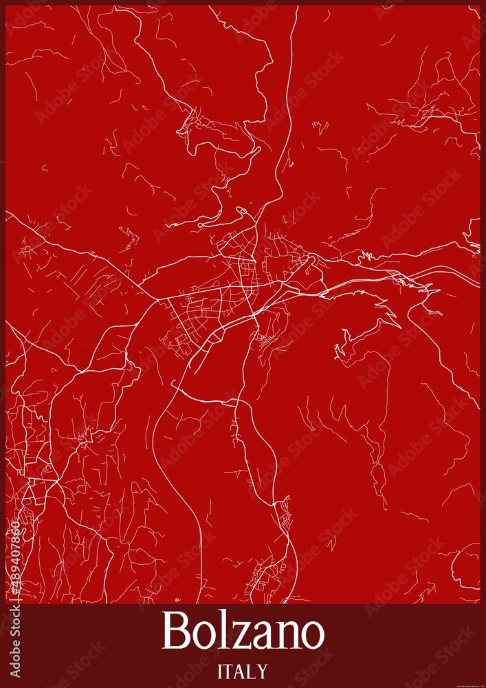 Red map of Bolzano Italy.