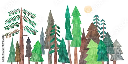 Obraz Krajobraz leśny. Akwarela, ładny las z drzewami iglastymi. Dziecinna ilustracja.