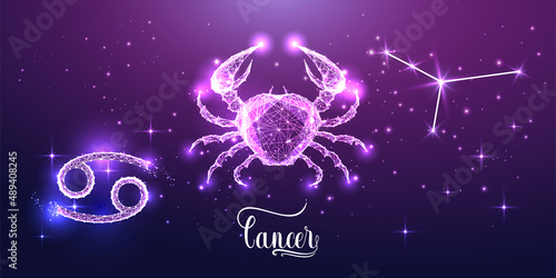 Futuristic cancer zodiac sign with glowing crab animal zodiac figure, zodiac sign, constellation