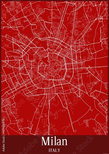 Red map of Milan Italy.