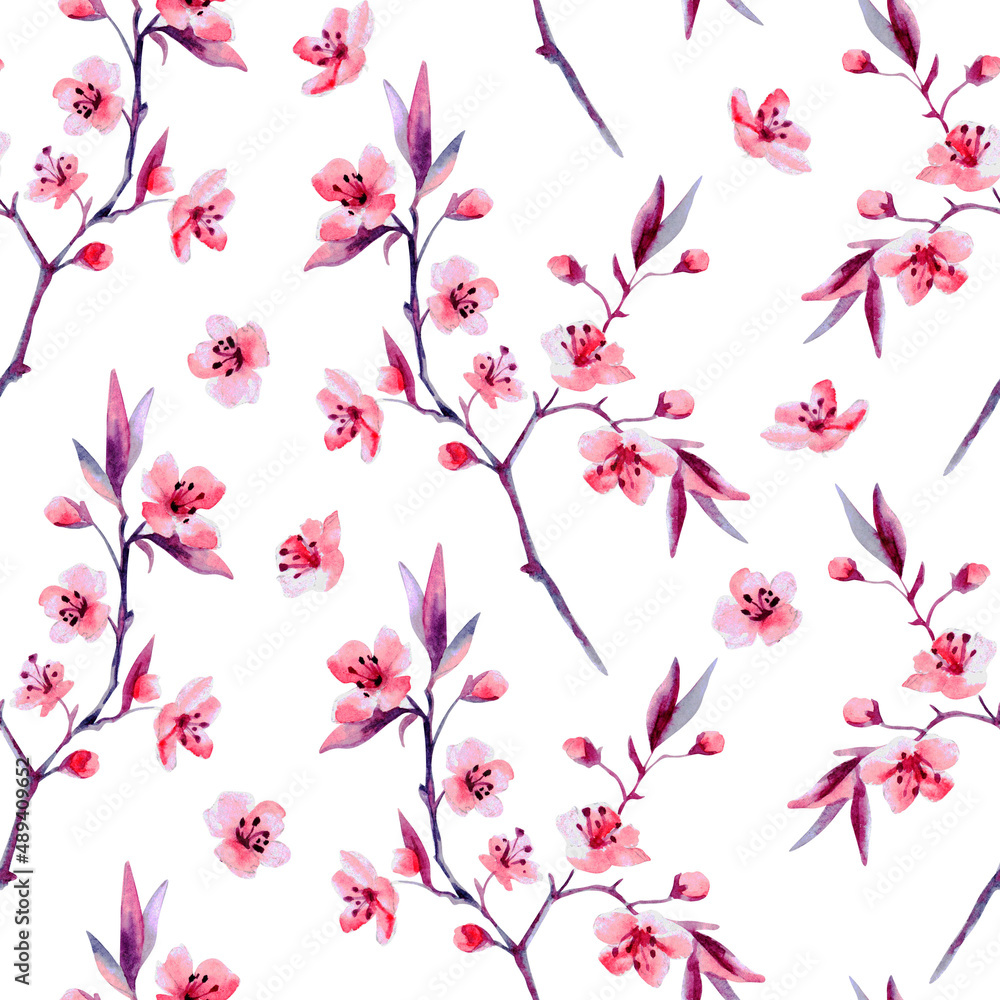 Fototapeta premium Seamless pattern of flowering sakura branches. Watercolor seamless pattern. Watercolor illustrations. Seamless pattern on white background. Sakura watercolor