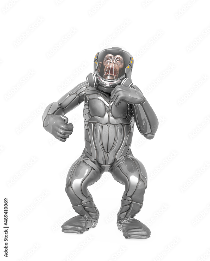 chimpanzee astronaut is doing a dominant pose in white background