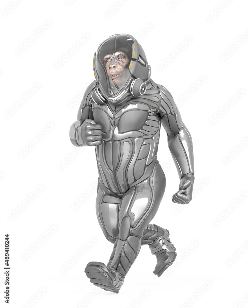 chimpanzee astronaut is walking in white background