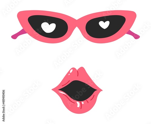 Funny face, open mouth and heart shaped glasses