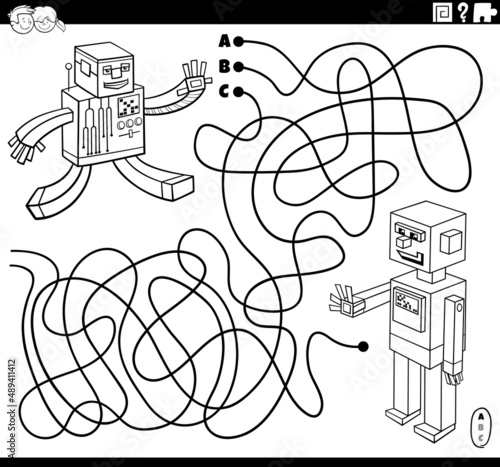 maze game with cartoon robot characters coloring book page