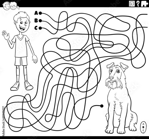 maze game with cartoon boy and his dog coloring book page